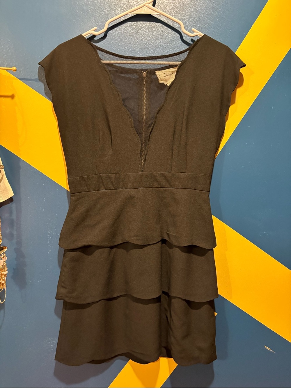 Anthropologie Coincidence & Chance Black Tiered Scallop Hem Mini Dress EUC